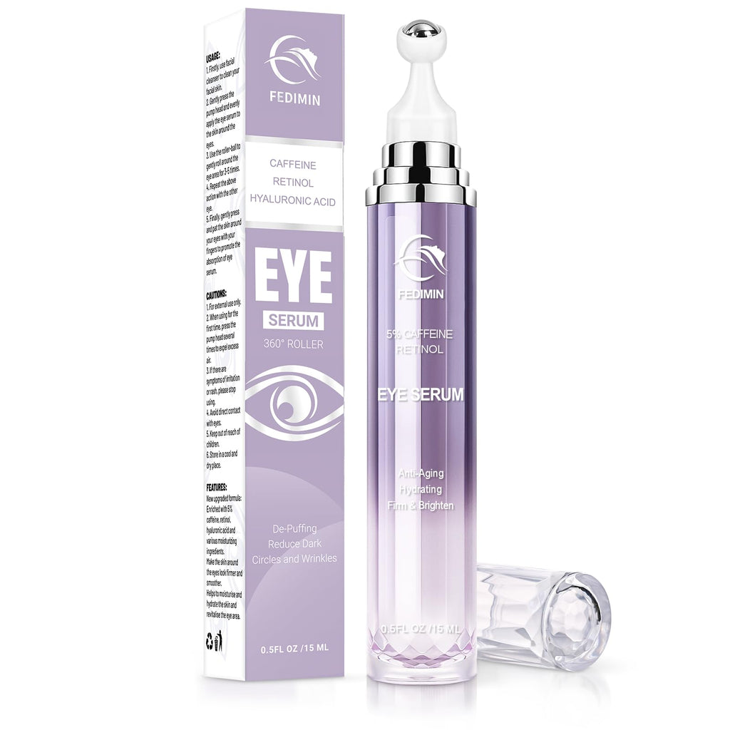 5% Caffeine Eye Cream for Dark Circles Under Treatment Eye Serum for Wrinkles Fine Lines, Retinol Under Cream for Puffiness and Bags with 360° Massage Roller-Ball