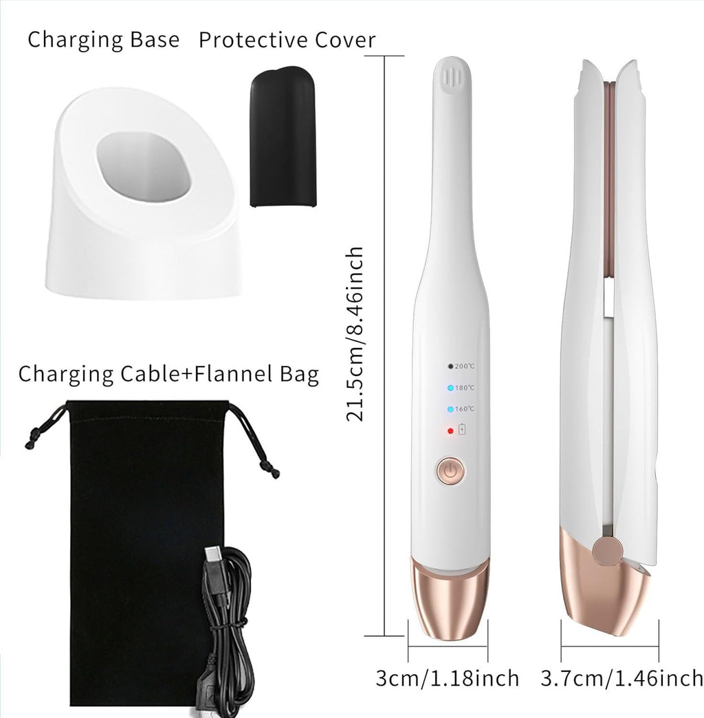 Cordless Hair Straightener and Mini Curling Iron 2 in 1, Small Flat Irons for Short Hair, Ceramic Tourmaline Mini Hair Straightener, Fast Heating, 3 Temperature Settings, Auto Shut-Off (White)