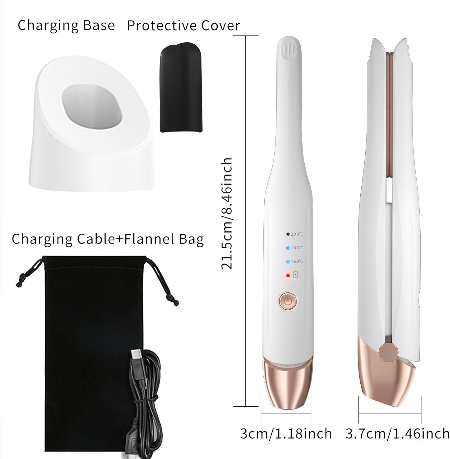 Cordless Hair Straightener and Mini Curling Iron 2 in 1, Small Flat Irons for Short Hair, Ceramic Tourmaline Mini Hair Straightener, Fast Heating, 3 Temperature Settings, Auto Shut-Off (White)