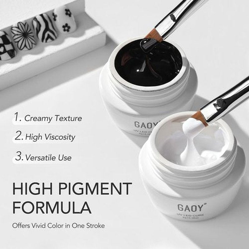 GAOY Black & White Painting Gel for Nail Art, No Wipe Creamy Gel Polish for Lines, Floral Designs, Patterns or French Nail Salon and Home DIY, UV Light Cure