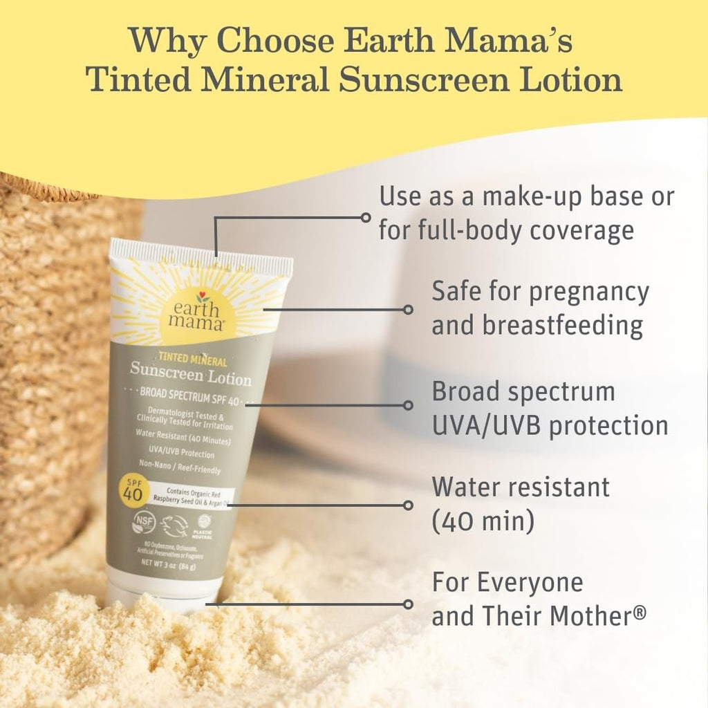 Earth Mama Tinted Mineral Sunscreen Lotion SPF 40-3 oz - Non-Nano Zinc - Broad Spectrum Tinted Sunscreen - Blends with Most Skin Tones