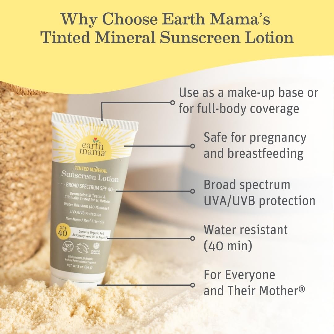 Earth Mama Tinted Mineral Sunscreen Lotion SPF 40-3 oz - Non-Nano Zinc - Broad Spectrum Tinted Sunscreen - Blends with Most Skin Tones