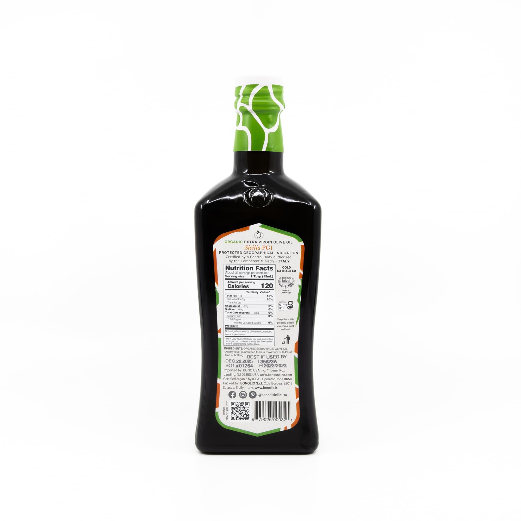 Bono Organic Sicilian PGI Extra Virgin Olive Oil, 16.9 Fl Oz – USDA Organic, Non-GMO, Cold Extracted, Certified Gluten Free, Clean Label Project Purity Award Winner
