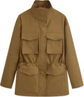 FindThy Women's Utility Jacket - Casual Stand Collar with Drawstring Waist & Multi Pockets | Stylish Outerwear