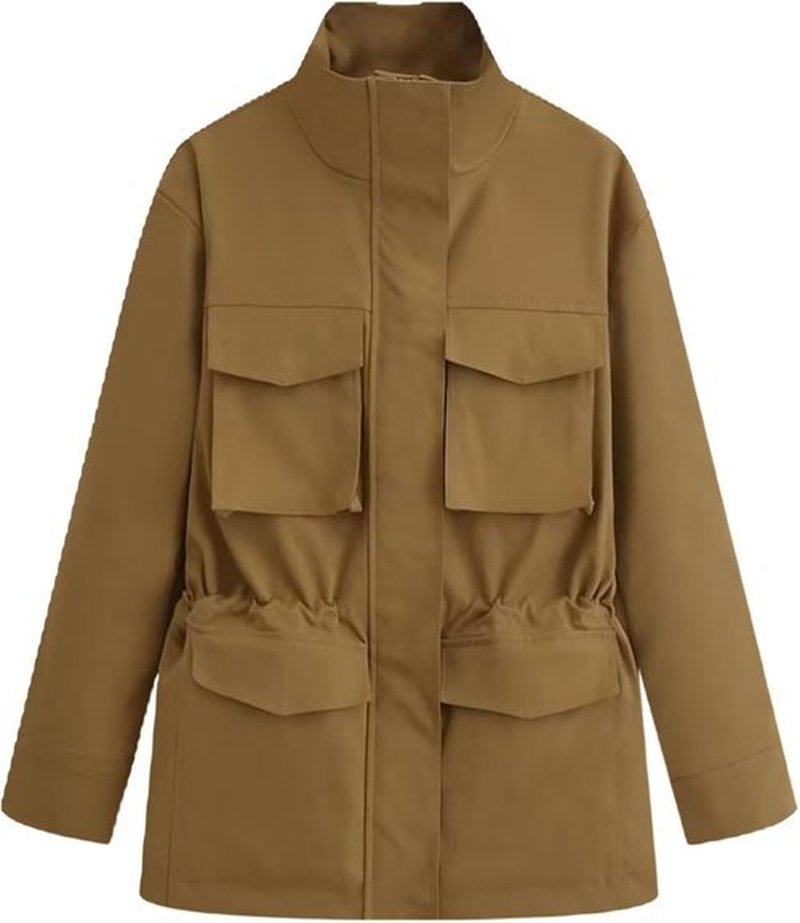 FindThy Women's Utility Jacket - Casual Stand Collar with Drawstring Waist & Multi Pockets | Stylish Outerwear