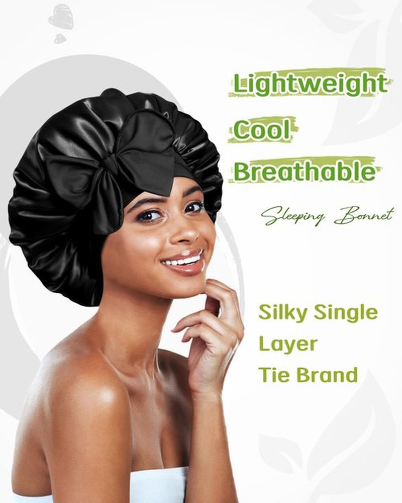 BONNET QUEEN Silk Bonnet for Sleeping Women Satin Bonnet Anti-Frizzy Night Sleep Cap Hair Wrap for Curly Hair with Adjustable Tie Band,Black