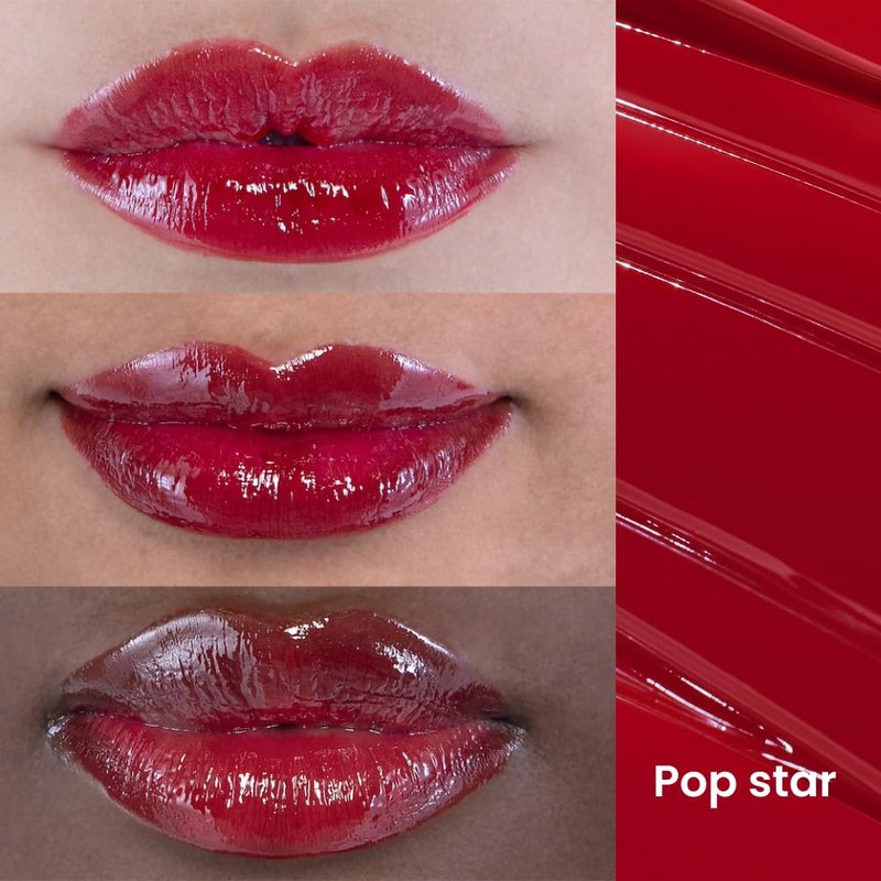 wuv.u Glossy Lip Stain – Plumping Hydrating Lip Oil Tint with Hyaluronic Acid & Peptide Complex – Non-Sticky High Shine Pigmented Finish – Pop Star (Red) 0.11 oz.