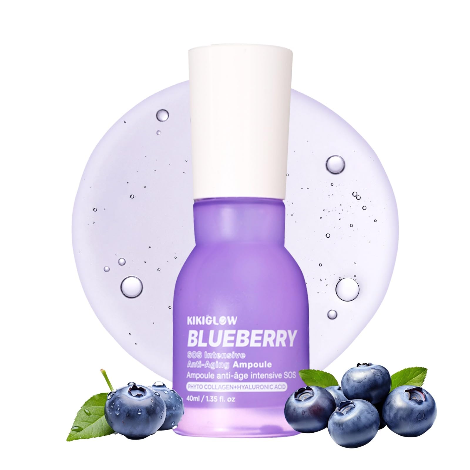 KIKIGLOW Blueberry SOS Intensive Anti-Aging Ampoule 40ml – Korean Firming Facial Ampoule with Vegan Collagen, Hyaluronic Acid, Adenosine, Antioxidant Care, Wrinkle & illuminating