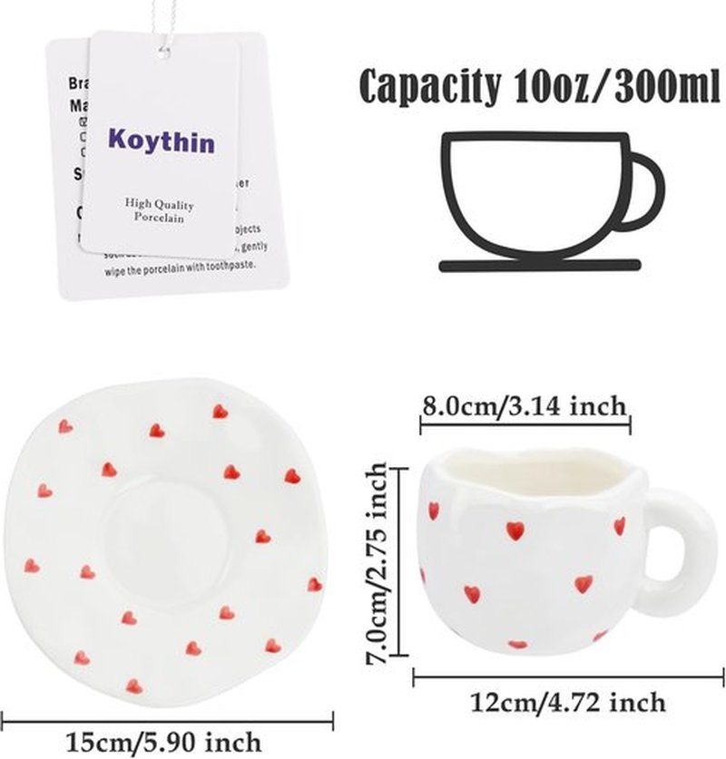 Koythin Ceramic Coffee Mug - Cute Red Heart Design | 10 oz Cup for Home & Office Use