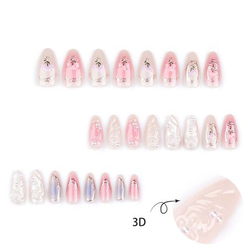 Rilafuvu Short Press-on Nails - Almond, Pearl, 3D Butterfly & Wave Acrylic, Floral Nail Art, Nude, 24pcs