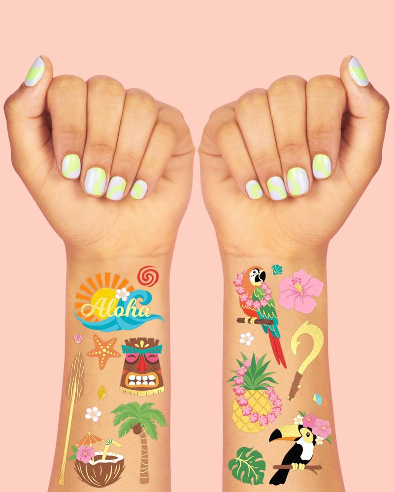 xo, Fetti Tropical Island Temporary Tattoos - 60 Gold Foil Pcs | Hawaiian Birthday Accessory, Bachelorette Luau Party Favor, Cute Kids Activity