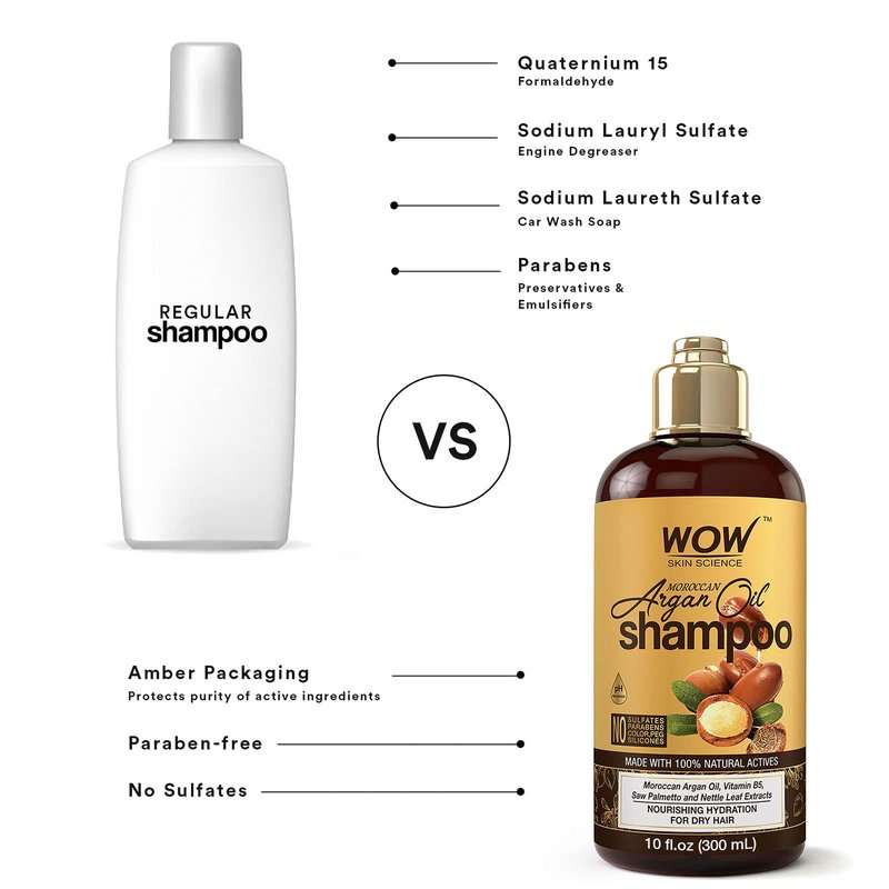 WOW Skin Science Moroccan Argan Oil Shampoo, Sulfate Free and Moisturizing Shampoo for Dry Damaged Hair for Women & Men, 10.1 Fl Oz