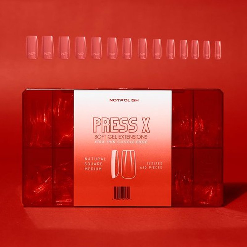 Notpolish PRESS X Soft Gel Nail Extensions - Medium Natural Square Nail Tips - Pre-Shaped Fake Nails for Easy Application - Durable, Break-Resistant Press On Nails with 14 Sizes (630 Pieces)