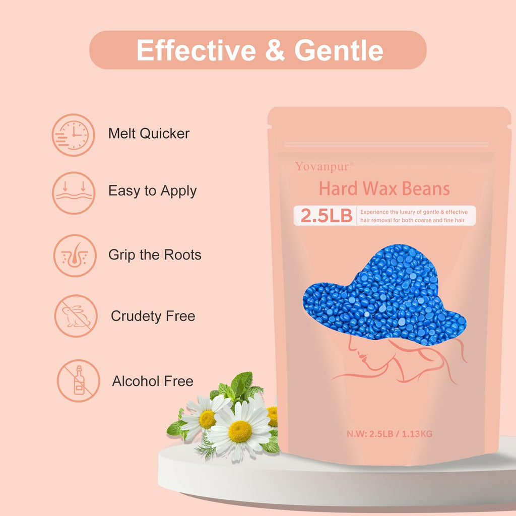 Yovanpur 2.5lb Wax Beads for Hair Removal, Hard Wax Beans for Sensitive Skin, Bulk Hair Removal Waxing Beads for Brazilian, Bikini, Face, Eyebrows, Underarms, Legs, Women and Men (Blue)