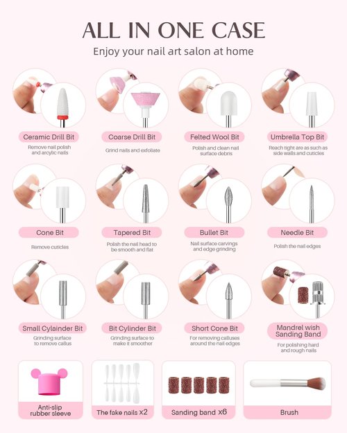 JOREST 13-in-1 Cordless Electric Nail Drill Kit with LED Display, 35,000 RPM 6-Speed Rechargeable Manicure Tool for Acrylic Gel Nails, Nail File with Bits & Sanding Bands for Beginners, Rose Pink