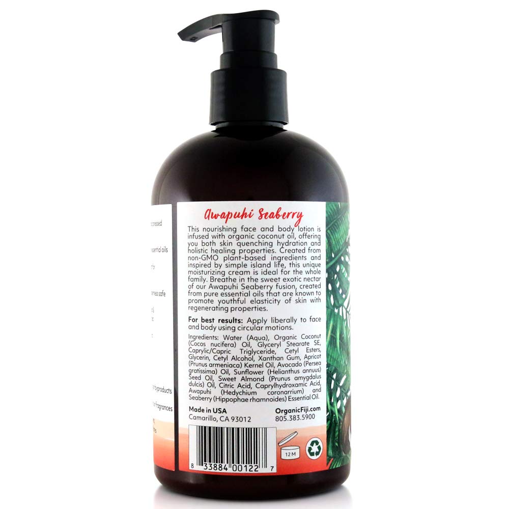 Coco Fiji Face & Body Lotion Infused With Coconut Oil | Lotion for Dry Skin | Moisturizer Face Cream & Massage Lotion for Women & Men | Awapuhi Seaberry 12 oz, Pack of 1
