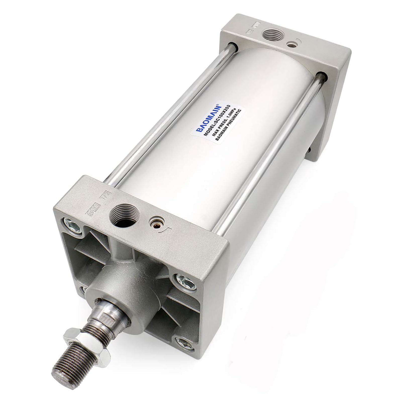 Baomain Pneumatic Air Cylinder SC 100 x 250, PT 1/2 Port, 3.94" Bore, 9.84" Stroke, Single Rod Double Acting, M20X1.5 Threaded Rod, with 4X Push-in Fittings