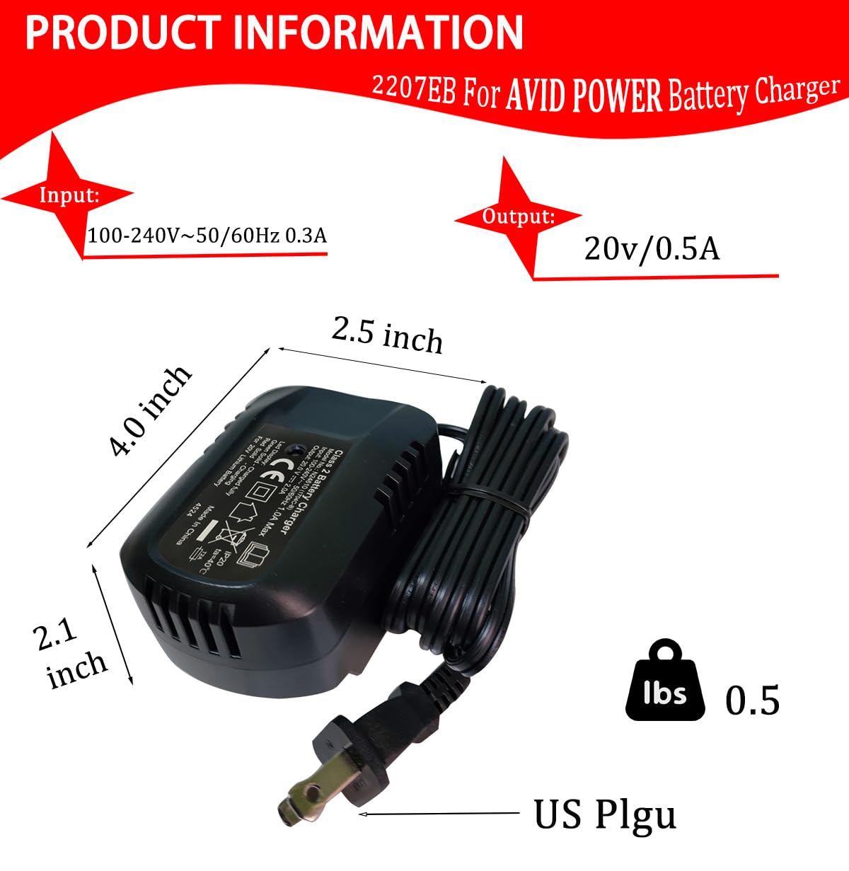 20V Max for AVID Power Fast Lithium Ion Battery Charger LED Indicator Light Can be Used for 20V Battery 2207EB Not 3A