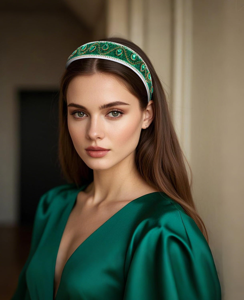 Wecoe Green Rhinestone Headband Women St Patrick's Day Wide Fancy Sparkly Bling Sequin Glitter Crystal Jeweled Diamond Embellished Headband Hairband Holiday Formal Hair Accessories Gifts