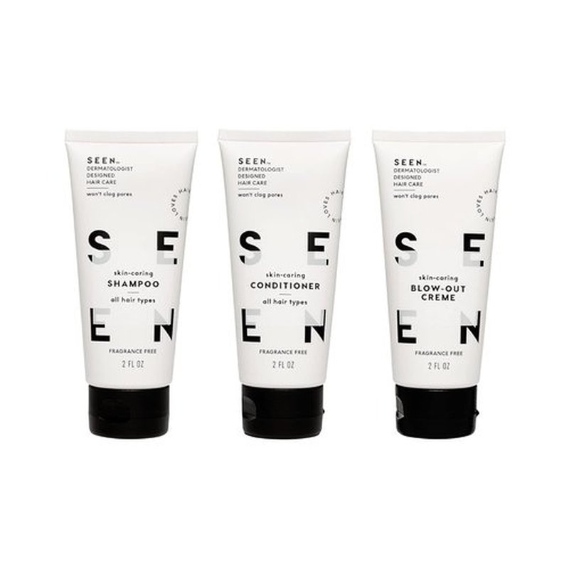 SEEN Travel Trio | Fragrance-Free Hair Care Set - Non-Comedogenic Shampoo, Conditioner & Cream - Dermatologist-Developed, Reduces Frizz, Heat Protectant