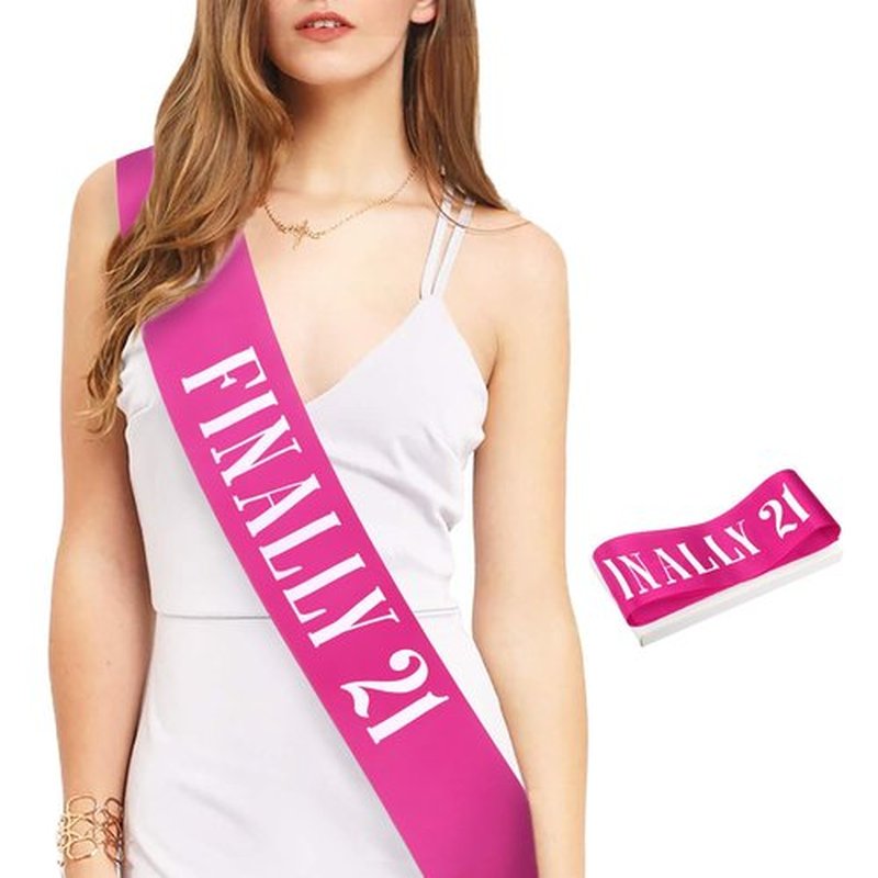 Amariver Finally 21 Silver Crown with Rhinestones & Hot Pink Sash - 21st Birthday Tiara & Party Supplies