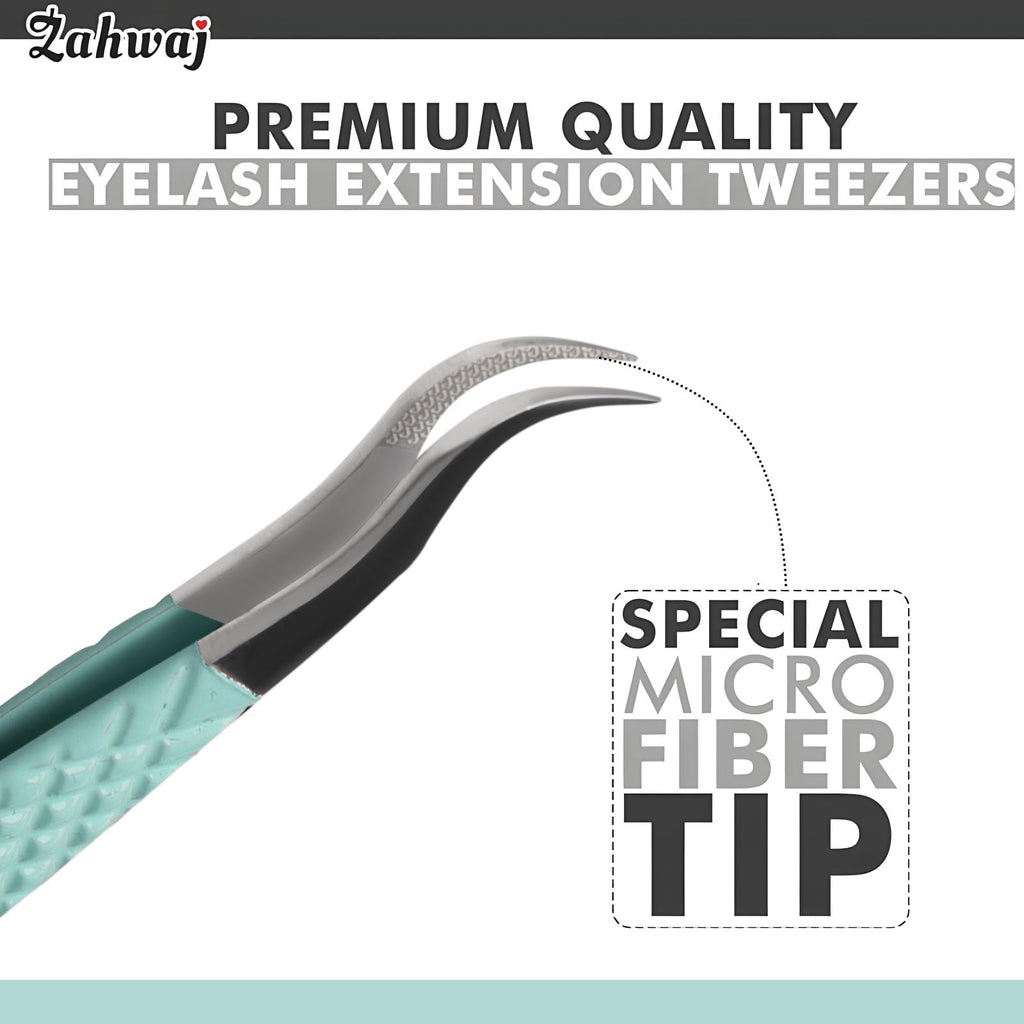 ZAHWAJ Fiber Tip Lash Tweezers - Set of 5 Diamond Grip Eyelash Extension Tweezers, Japanese Stainless Steel Tweezers Set for Volume, Isolation & Classic Lashes (Light Green)