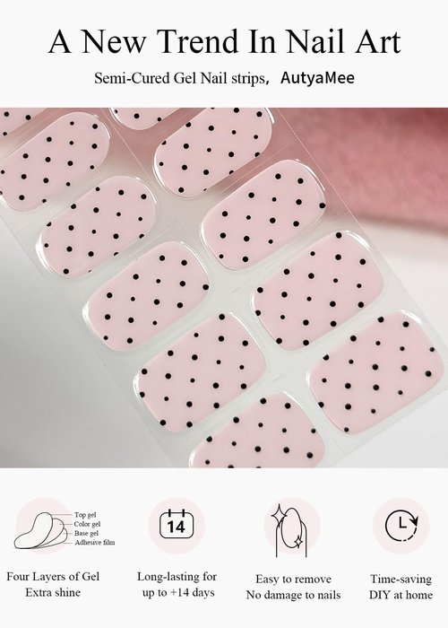 AutyaMee Semi Cured Gel Nail Strips (Black Polka Dot), Bare Pink, 20 Pcs Gel Nail Wraps, Stickers, Long Lasting, Works With Any UV Lamps