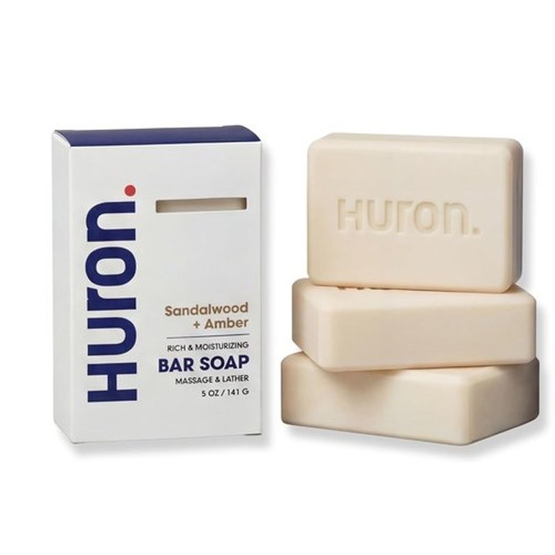 Huron Bar Soap - Hydrating Cleansing Bars with Sandalwood & Amber Scent | Moisturizing Daily Body Care, 5 oz (Pack of 3)