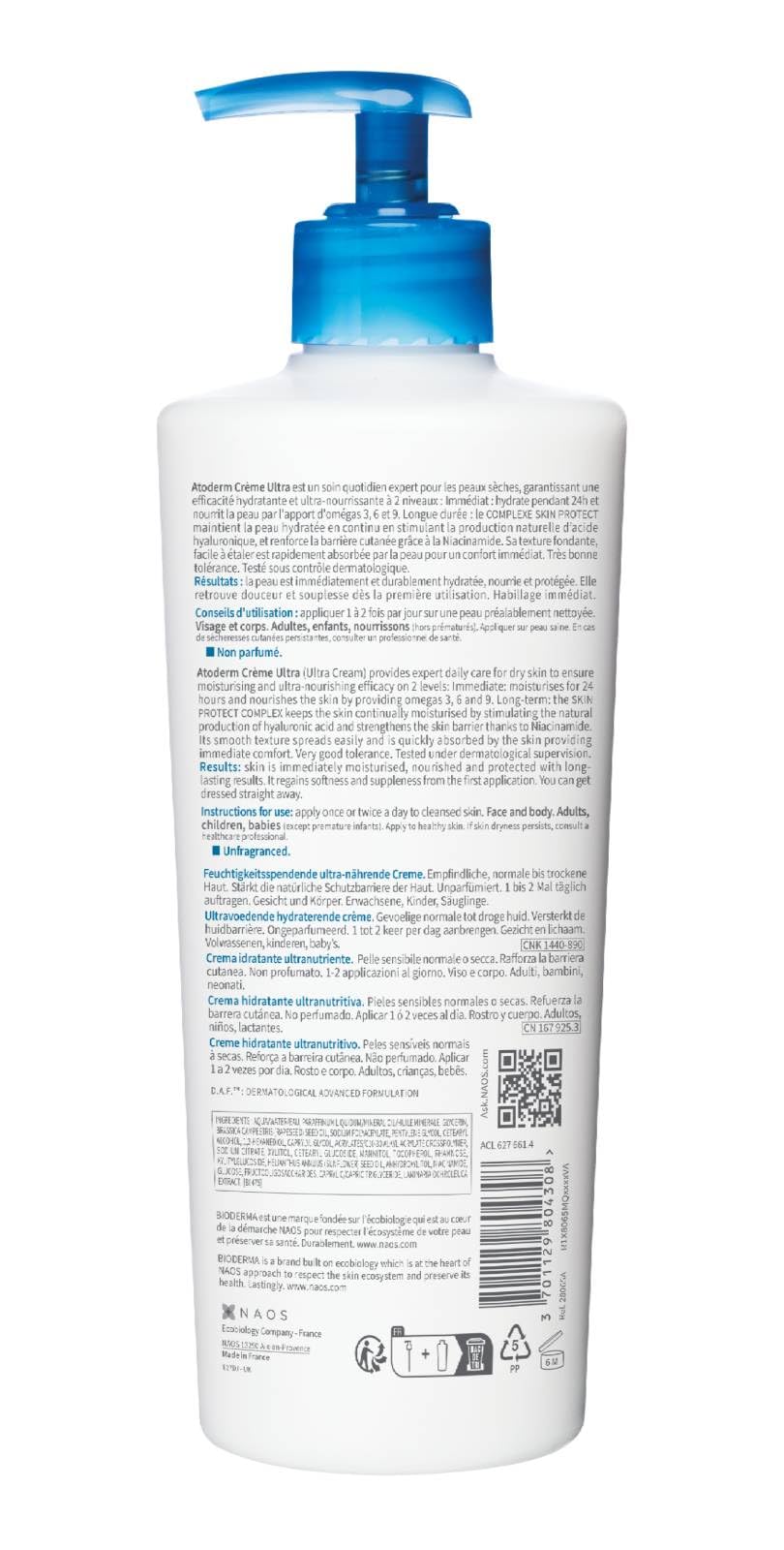 Bioderma Atoderm Ultra Cream Duo Pack,Hydrating Body Moisturizer for Normal to Dry Sensitive Skin 16.9 Fl Oz,(Pack of 4)