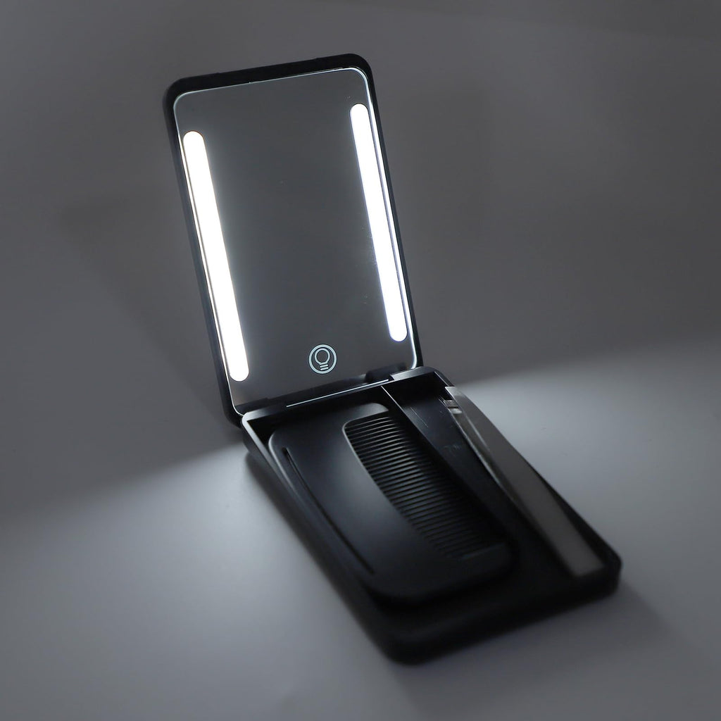 Yechiry LED Lighted Pocket Mirror, Rechargeable Compact Makeup Mirrorwith Travel Comb, Metal Eyebrow Tweezer & Smart Fill Light for Travel (Black)