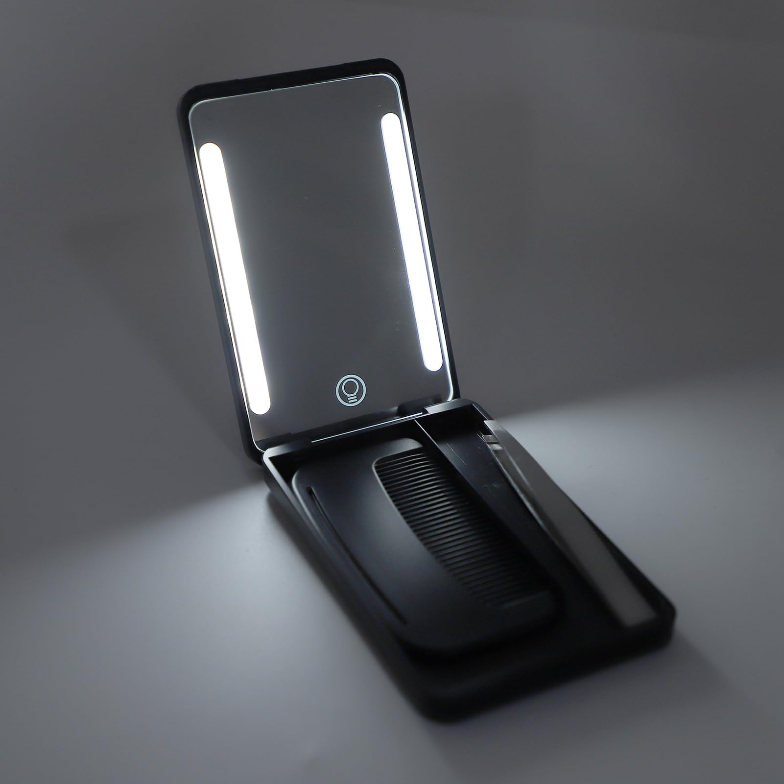 Yechiry LED Lighted Pocket Mirror, Rechargeable Compact Makeup Mirrorwith Travel Comb, Metal Eyebrow Tweezer & Smart Fill Light for Travel (Black)