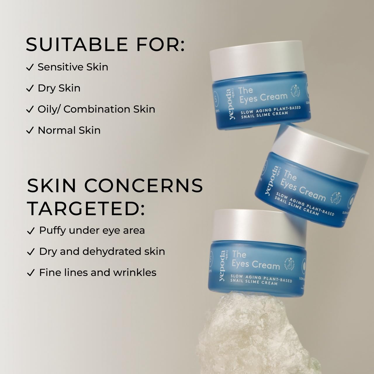 Yepoda The Eyes Cream, Hydrating Eye Cream With Plant-Based Snail Slime Alternative, Reduces the Look of Puffiness & Deeply Hydrates the Skin, Vegan Korean Eye Cream for All Skin Types, (0.50 FL. OZ.)