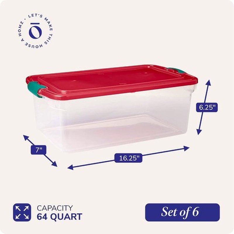 HOMZ 6-Pack Holiday Tote | Clear/Red Plastic Storage Bins with Lids - 64 Quart Stackable Organizers