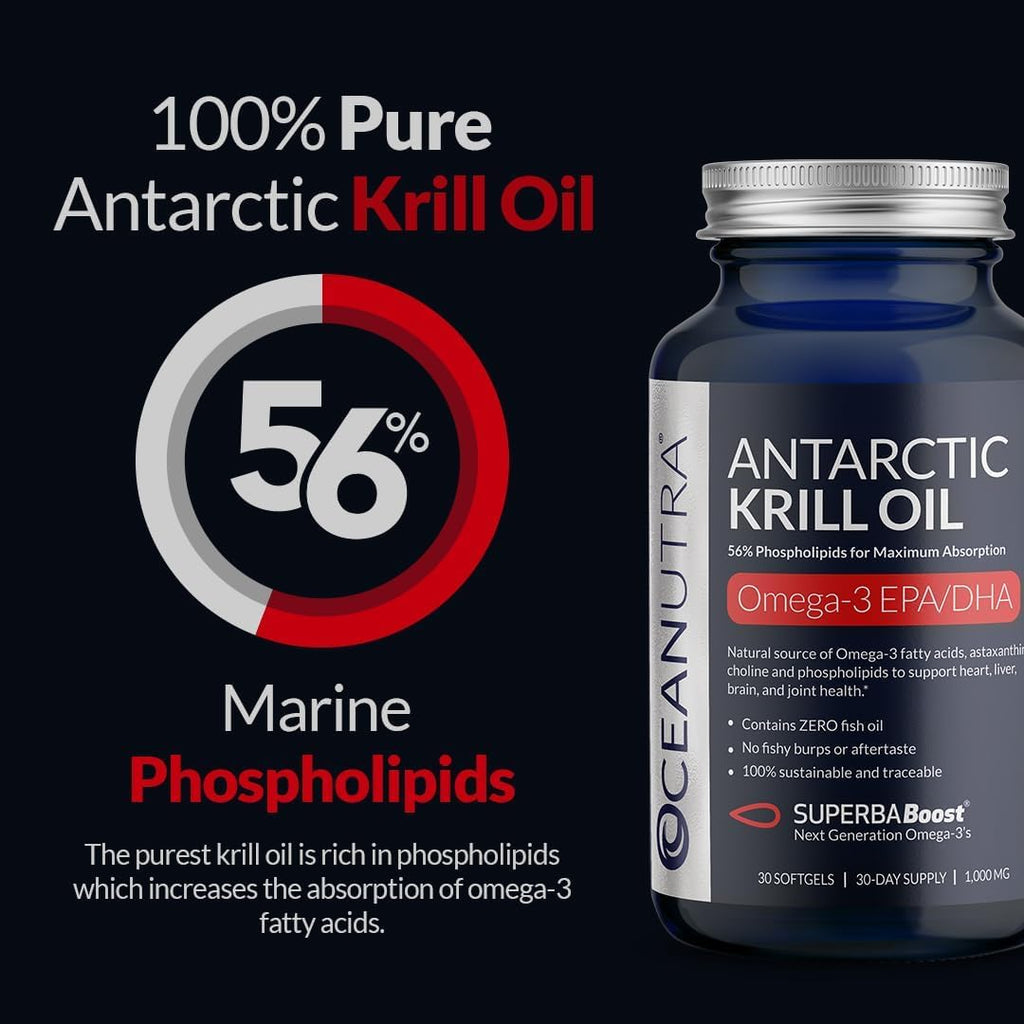 100% Pure Organic Krill Oil 1000mg, 60-Day, Omega 3 Supplement, Highest Concentration 56% Phospholipids, Wild Caught, Sustainable Traceable Antarctic Omega 3, Astaxanthin, Heart, No Fish Oil