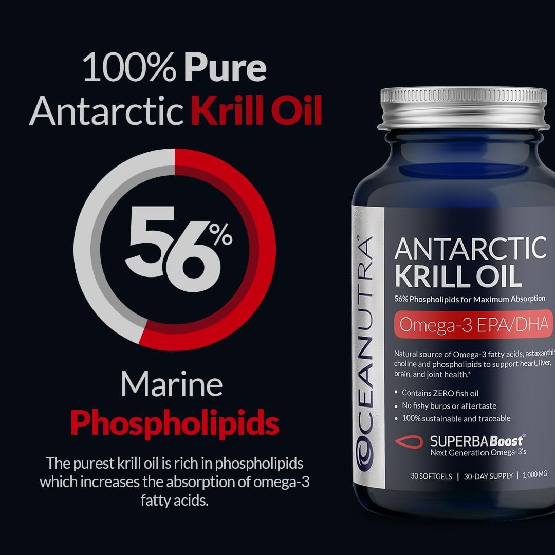 100% Pure Organic Krill Oil 1000mg, 60-Day, Omega 3 Supplement, Highest Concentration 56% Phospholipids, Wild Caught, Sustainable Traceable Antarctic Omega 3, Astaxanthin, Heart, No Fish Oil
