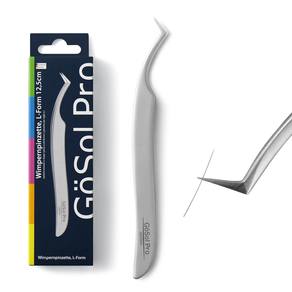 GöSol Pro Lash Tweezers for Eyelash Extensions, Professional Expert Eyelash L-shape Tweezers for High Precision Pick/Fan/Wiggle/Apply; 420 Stainless Steel Lash Tweezer for Volume & Classic Lashes