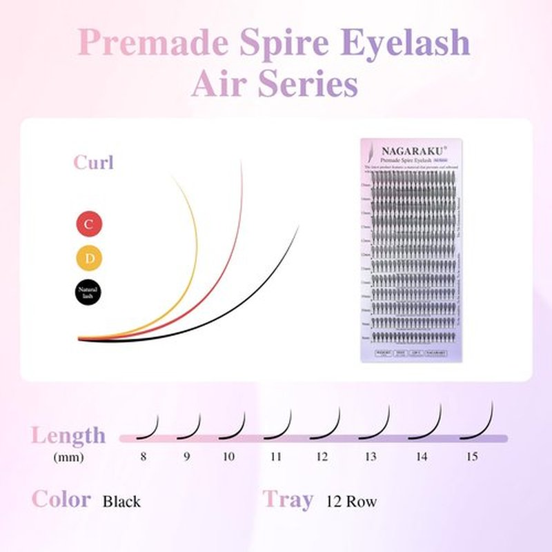 NAGARAKU Premade Spire Eyelash Extensions Air Series Feather Shape Manga Anime Individual Lashes Volume Soft Black Flat Root Spikes Fans Eyelashes DIY Clusters Lash Salon -0.07 D Curl 8-15mm Mix