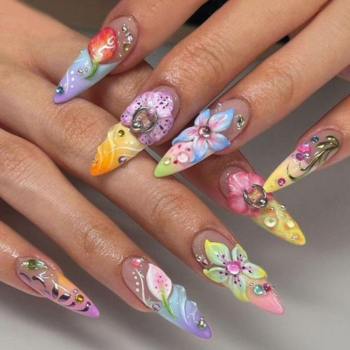 LBPEPAMZ 24Pcs Colorful Flower Press on Nails Medium Almond Fake Nails with 3D Water Drop Rhinestones Design Yellow Blue Ombre French Tip False Nails Summer Spring Acrylic Stick on Nails for Women