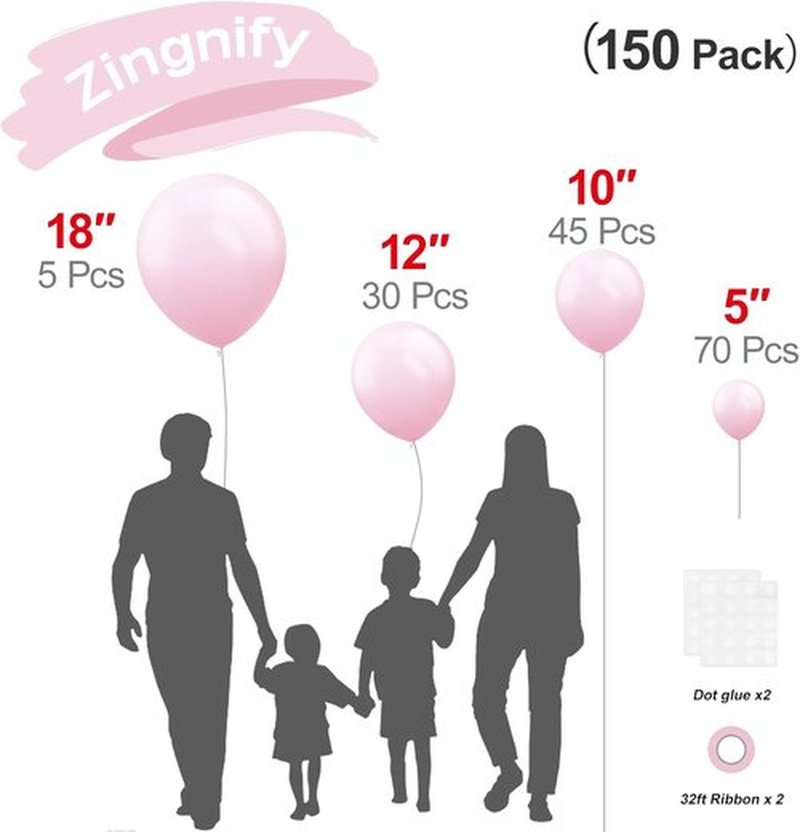 Pastel Pink Balloons by [Brand Name] - 150-Piece Set in Various Sizes for Stunning Birthday Party Decorations