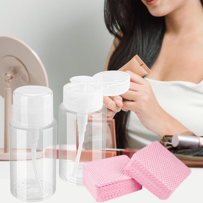 Pack of 2 Nail Polish Remover Pump Empty Dispenser Bottle with 540PCS Lint Free Nail Wipes for Alcohol, Acetone, Nail Polish and Makeup Remover Bullet Point 150 ml (2 Plastic Bottle and Wipe)