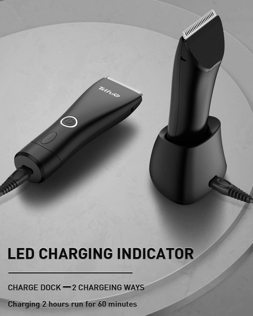 Telfun Body Trimmer for Men, Ball Trimmer & Shaver, Upgrade Electric Groin Hair Trimmer with Dock 2 Ways Charging, Replaceable Ceramic Blade Heads, Waterproof & Wet/Dry Clippers Male Electric Razor
