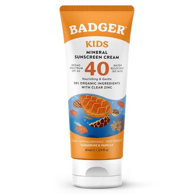 Badger Kids Mineral Sunscreen Cream SPF 40 - 98% Organic, Water Resistant & Reef Friendly | 2.9 fl oz