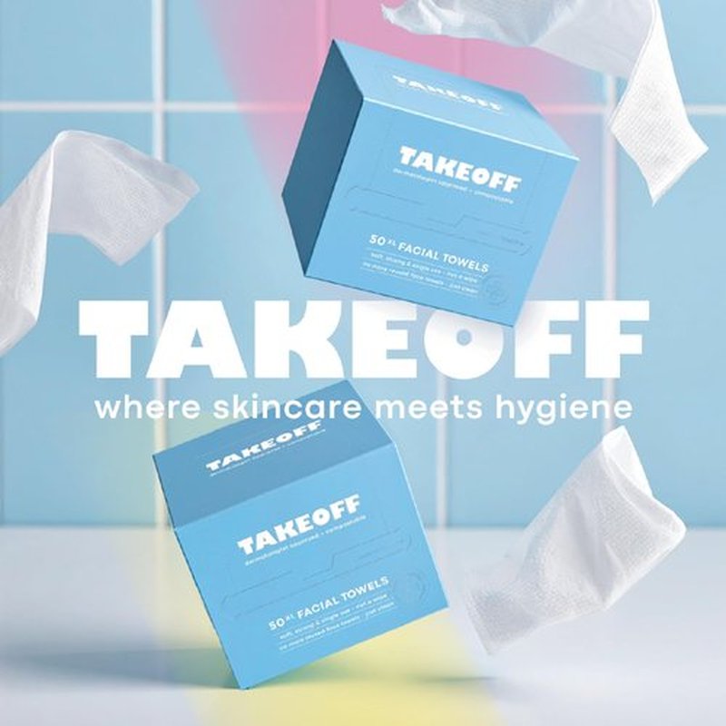 Takeoff Face Towels, 10"×12" XL Face Disposable + Compostable Towelettes, Ultra Soft Makeup Remover Dry Wipes, Thick Face Towel w/Dual Texture For All Skin Types incl. Sensitive, 50 Count (1 Pack)