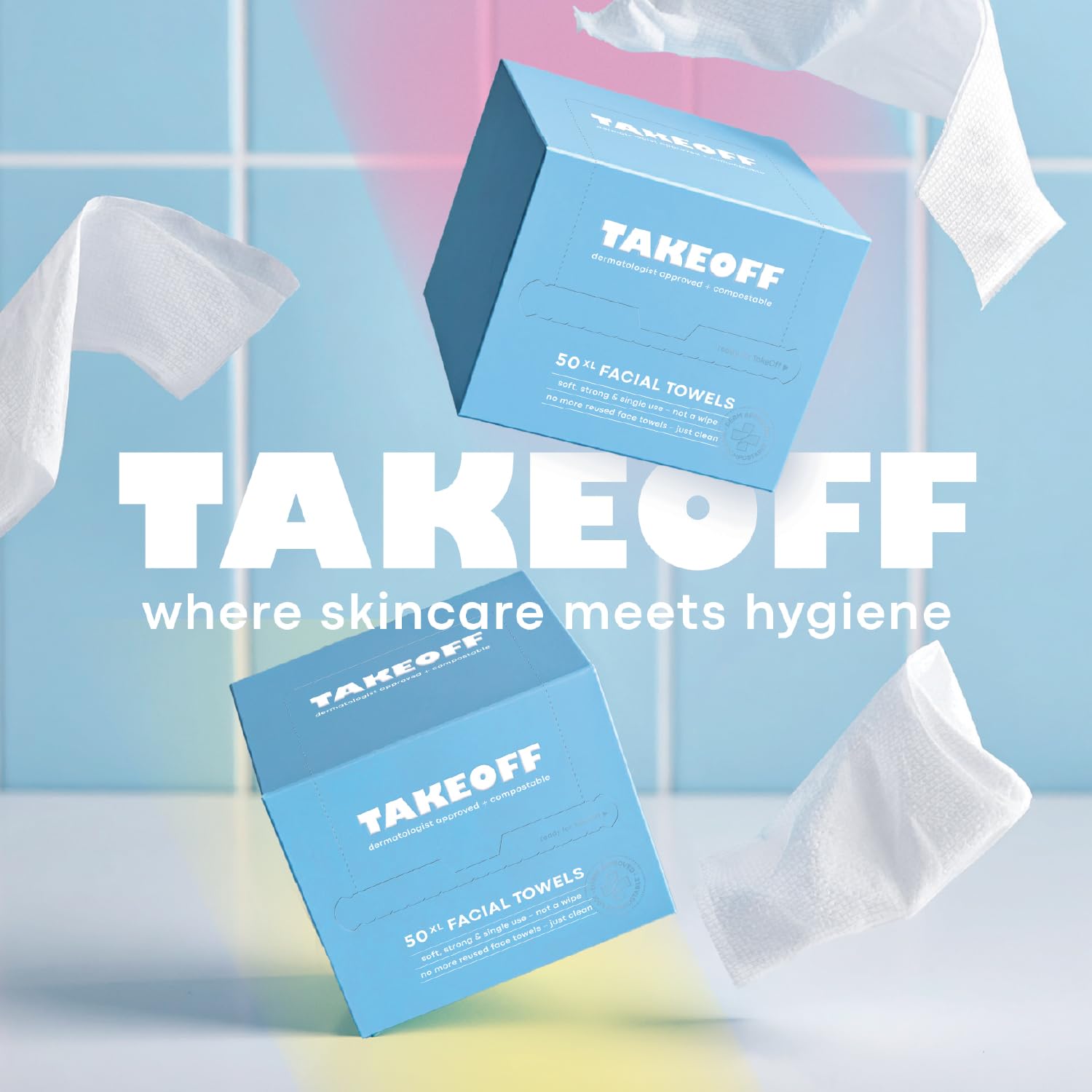 Takeoff Face Towels, 10"×12" XL Face Disposable + Compostable, Ultra Soft Makeup Remover Dry Wipes, Thick Face Towel w/Dual Texture For All Skin Types incl. Sensitive, 50 Count x 3 Pack (150 total)