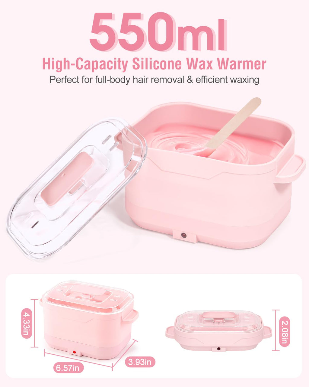 Waxing Kit, Silicone Wax Warmer with 4 Packs Hard Wax Beads, Protable Hot Wax Machine Pot for Full Body, Face, Eyebrows, Legs, Bikini, At Home Hair Removal Kit with 15 Accessories for Women Men, Pink