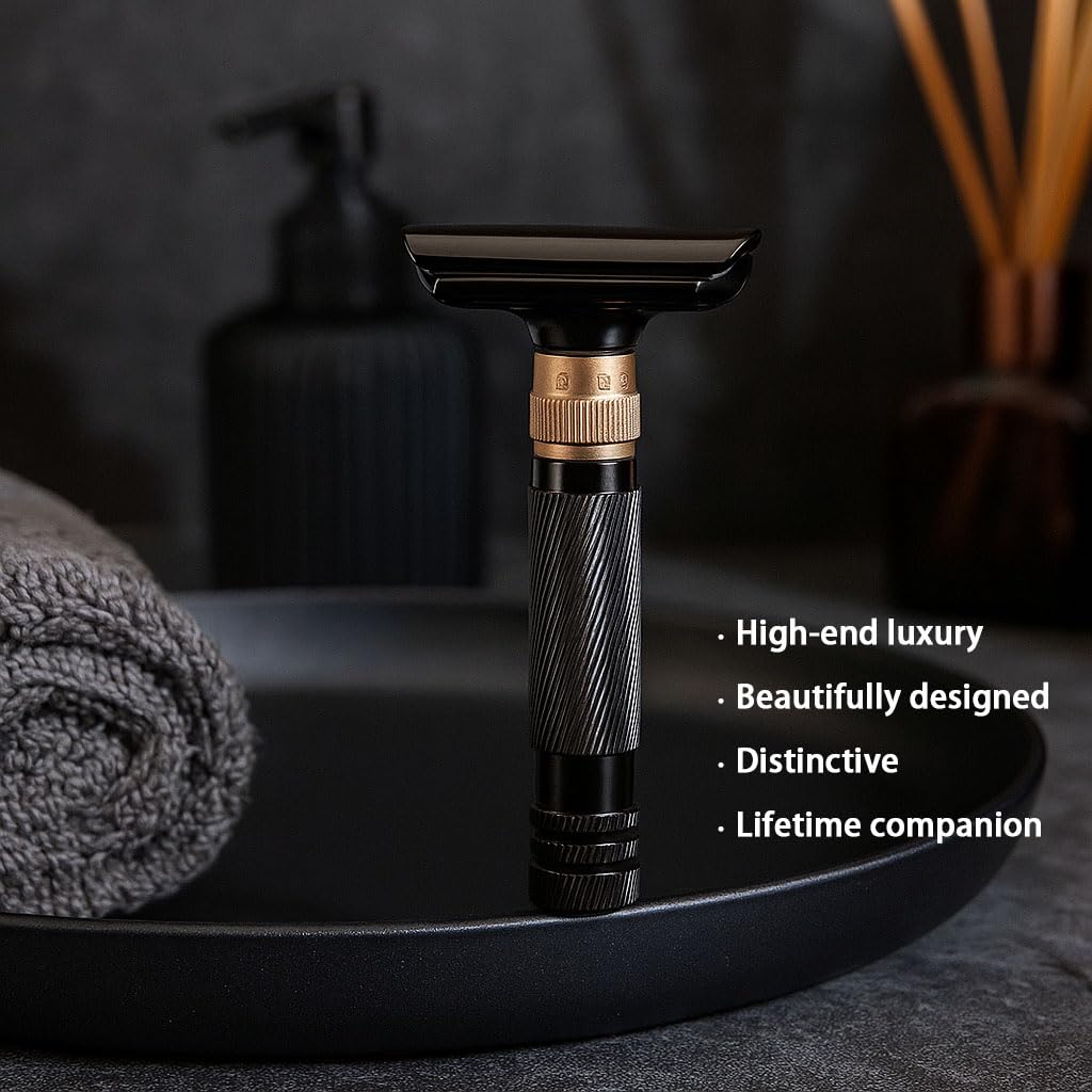 Luxurious and beautifully adjustable double-edged safety razor with 10 platinum-plated stainless steel razor blades, reusable razor kit, eco-friendly, smooth close shave (Glossy Black + Base)