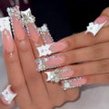 Rchovsam Long Square Press on Nails xxl French Tip Nails Press Ons Butterfly Diamond Bow-tie Design False Nails Full Cover Handmade Acrylic Fake Nails Gift for Women 24pcs