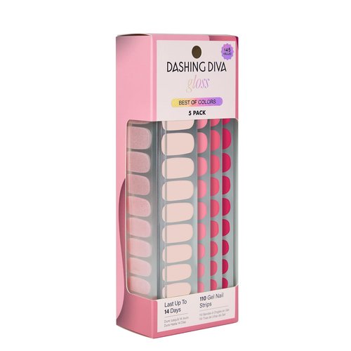 Dashing Diva Gloss Nail Strips 5-in-1 Kit - Best of Pinks - UV Free, Chip Resistant, Long Lasting Gel Nail Stickers - Contains 110 wraps, 5 prep pads, 2 nail files