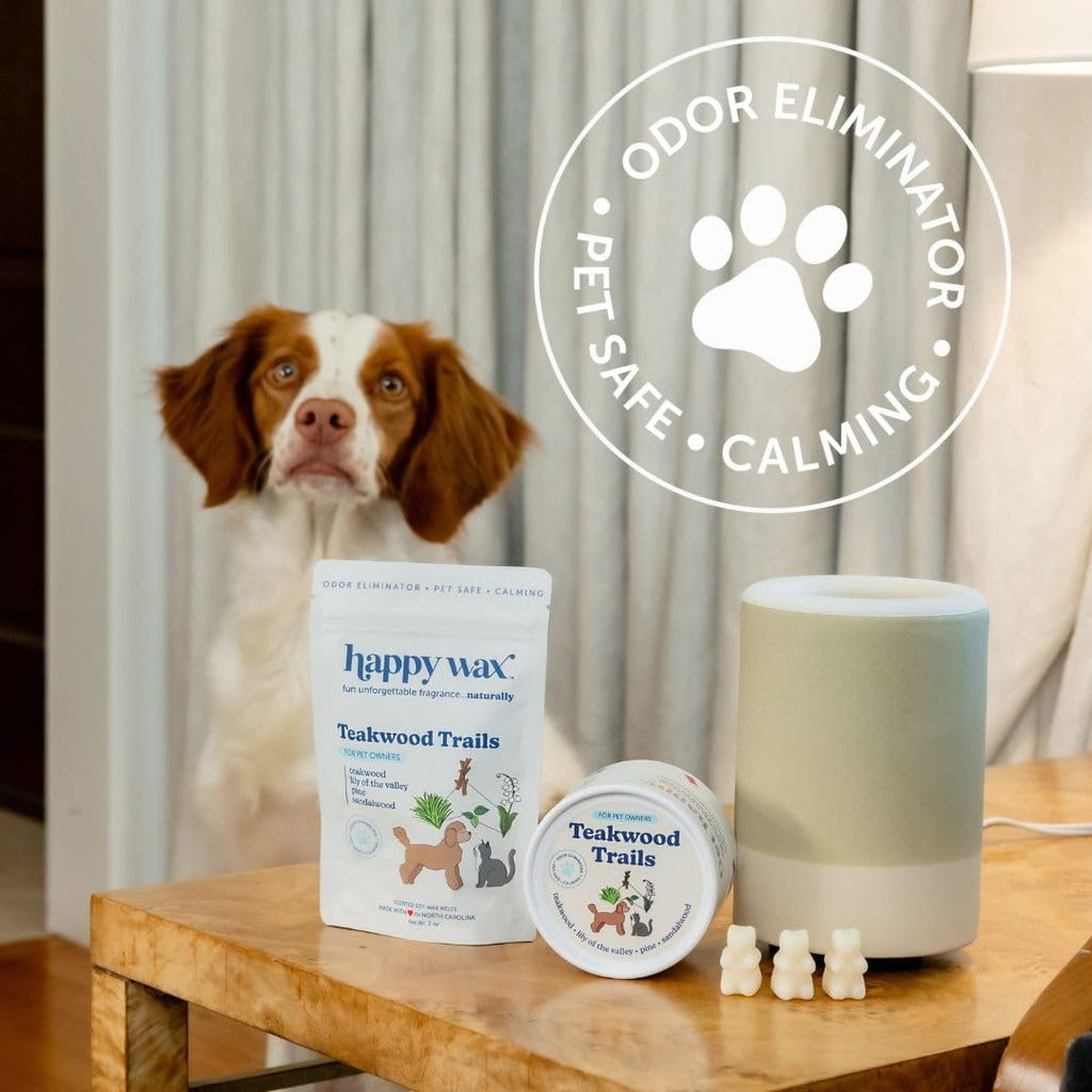 Happy Wax Teakwood Trails Wax Melts for Pet Owners – Odor Eliminating, Calming, Pet-Safe, Non-Toxic, Dye-Free, Perfect for Use with Wax Warmers - 8oz Pouch