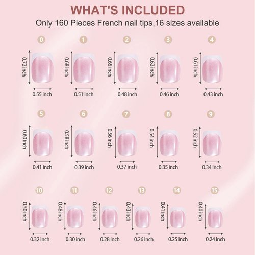 Jsiallye Cat Eye Press On Nails,160Pcs Pink Glitter Base French Tip Cat Eye Short Square Press On Nails,Salon Quality Fake Nails Soak Off Soft Gel Nail Tips Extension For 16 Sizes